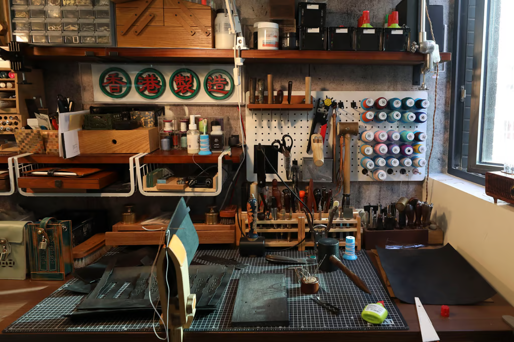 Neatly arranged tools and materials in a Chinese leather studio