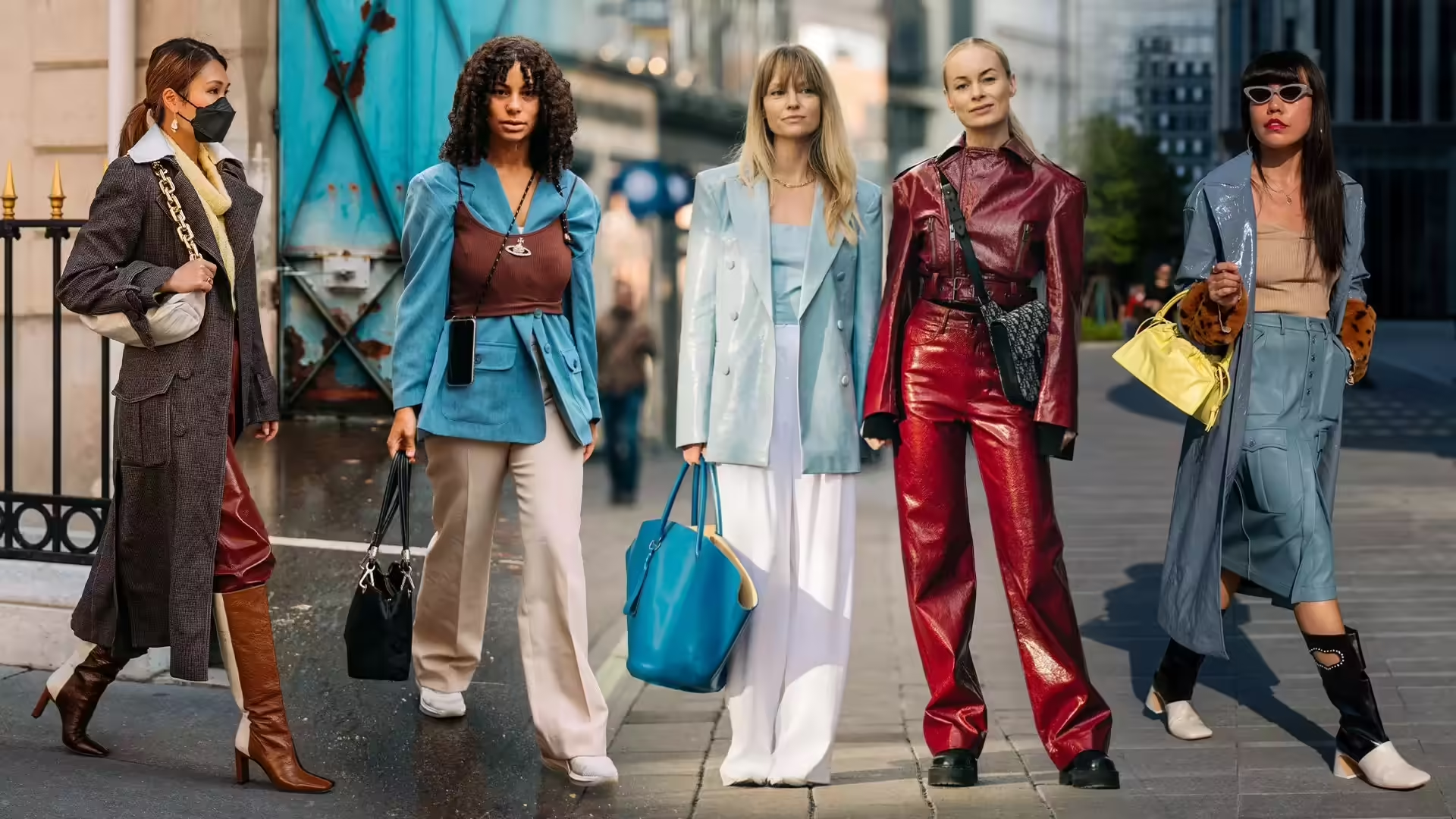 Group of women walking in stylish outfits and carrying different bags on a city street. Group of women walking in stylish outfits and carrying different bags on a city street.