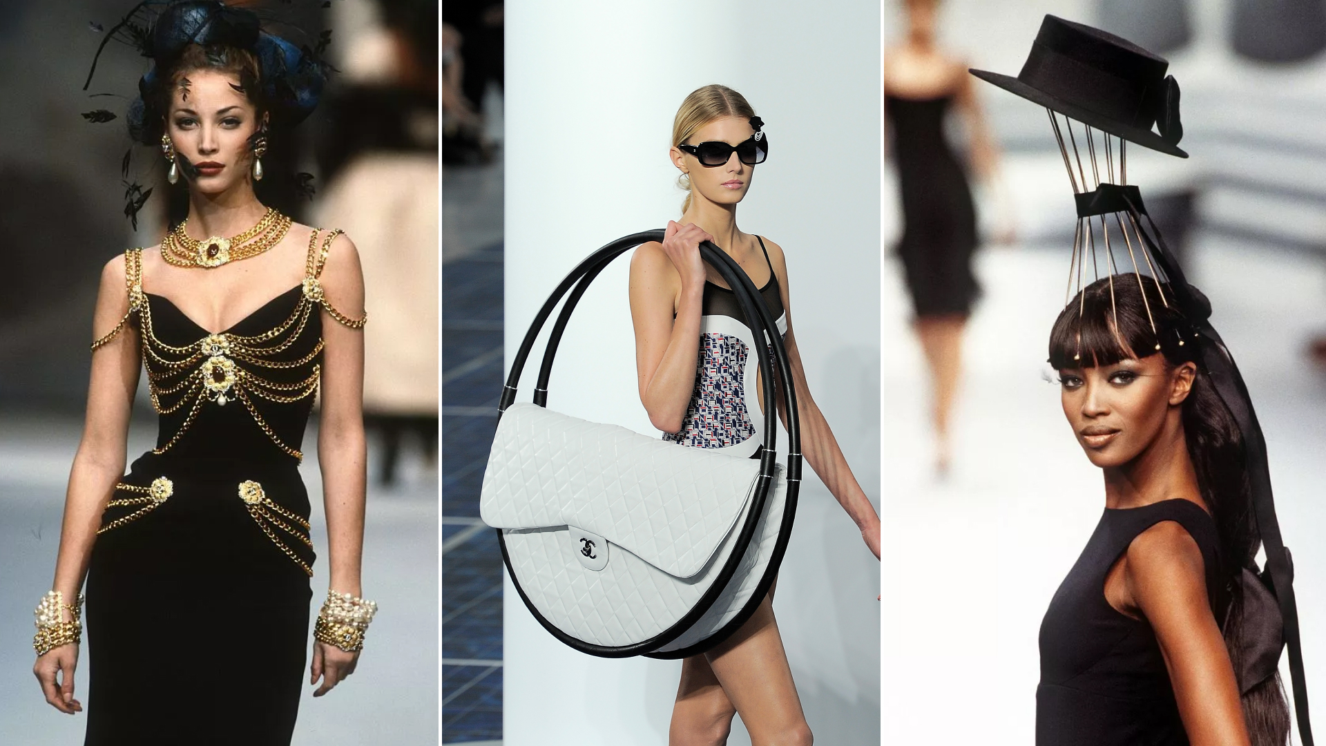 Three high-fashion models walking the runway in dramatic looks